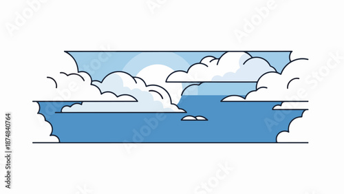 Serene seascape illustration with sky, clouds, and sea in blue and white