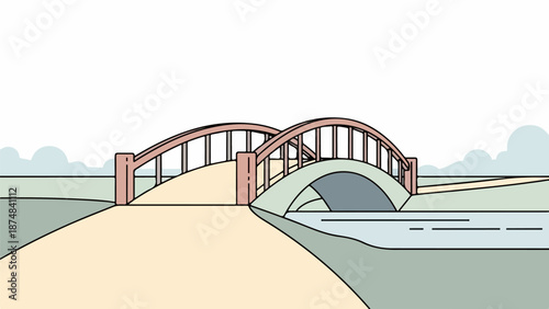Graceful arch bridge spanning a tranquil light blue river with lush green banks and a soft blue sky