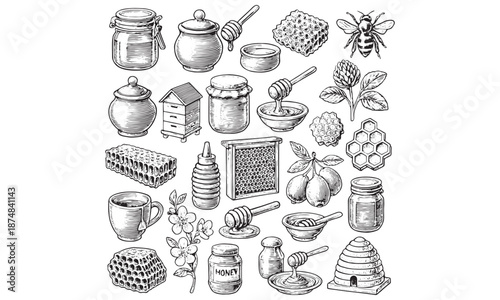Honey Beekeeping Collection - Vintage Sketch Set with Honeycomb Hive Bee Jars and Dipper