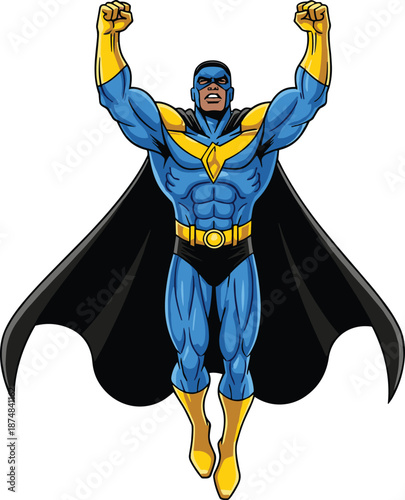 Powerful Black superhero flying upward with clenched fists, wearing blue and gold suit with black cape, comic book illustration isolated