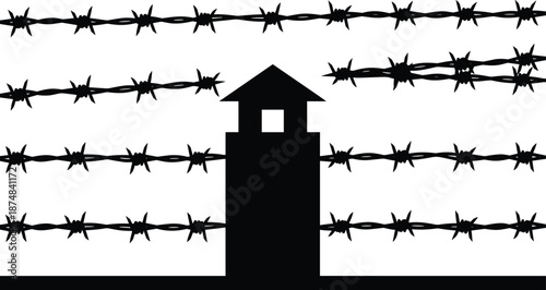 Prison watchtower silhouette, barbed wire fence security illustration representing confinement surveillance control, isolated black vector graphic for warning concept design