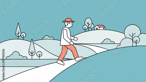 Man walking on a winding rural path with rolling hills and a distant house