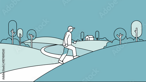 Man walking on a winding path in a serene natural setting with a cabin in the distance