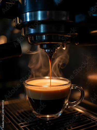 Fresh Espresso Shot Pouring into Glass Cup from Coffee Machine with Steam, Dark Coffee Mood