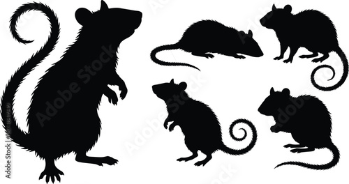 Set of black rat and mouse silhouettes in various poses, isolated on white background, wild rodent animals illustration for design, pest control, and wildlife concepts