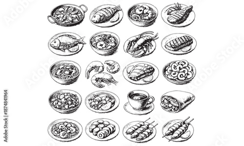 Vintage Seafood Dishes Engraved Gourmet Food Plate Line Art Illustration Collection