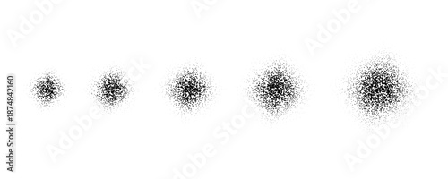 Grain brush stroke set. Stippled noise gradient collection. Dotted splatter overlay spots and stains. Grunge dots sprinkle spray texture. Abstract dust sand elements. Vector gritty splashed stains