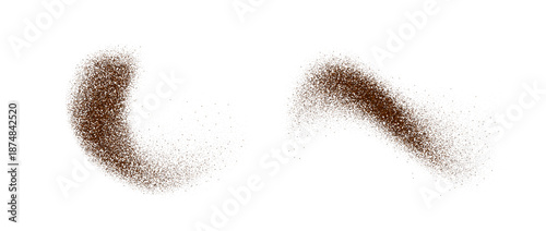Brown chocolate powder splashes. Flying spices seasoning particles burst. Ground cacao beans textured piles. Cocoa or coffee flakes scattered on surface. Dried spicy explosion. Vector illustration