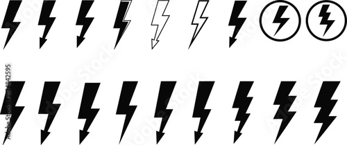 Black lightning bolt icons set with multiple styles, electric power symbols collection for warning signs logos vector design illustration pack