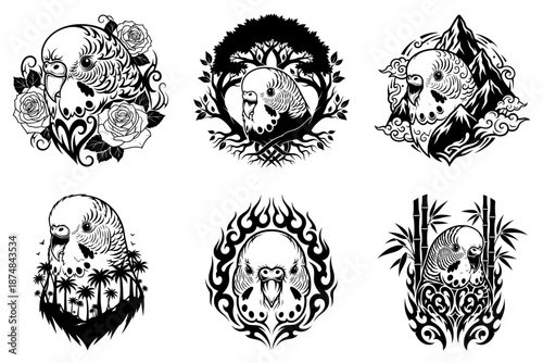 Budgerigar Tribal Set of Six Featuring Bird Heads with Rose, Tree, and Flame Motifs