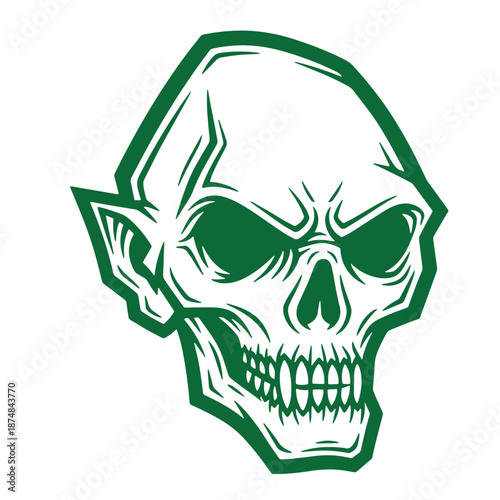 green skull with pointed ears and menacing expression on white background  spooky illustration