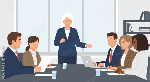Diverse team in business meeting with a confident leader presenting ideas at conference table