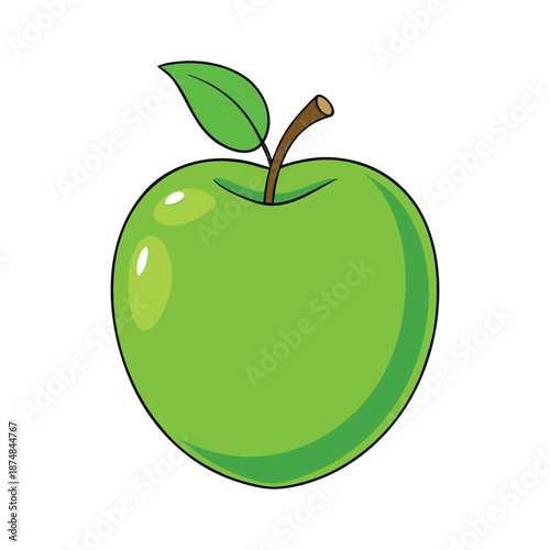 A big, shiny green apple with smooth skin and crisp curves, glowing with fresh highlights, symbolizing freshness, health, and juicy sweetness.
