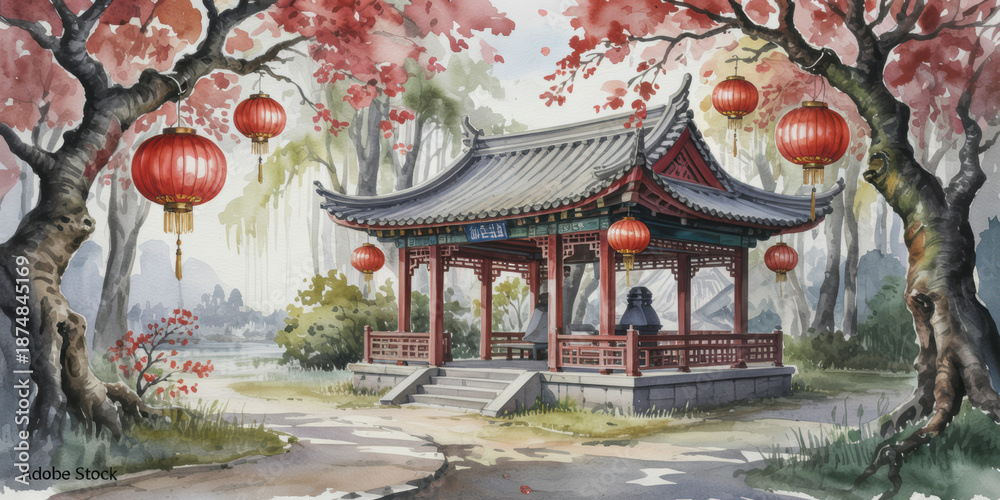 Obraz premium Beautiful watercolor painting of a traditional Chinese pavilion adorned with red lanterns hanging from autumn trees next to a calm lake