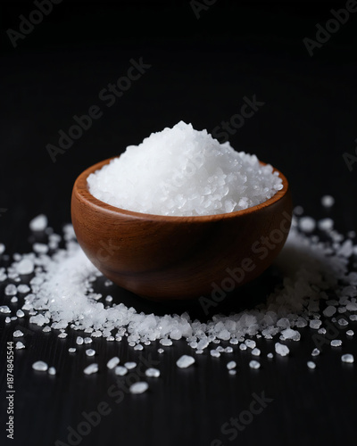 Coarse Sea Salt Crystals in Wooden Bowl on Dark Background, Natural Food Ingredient