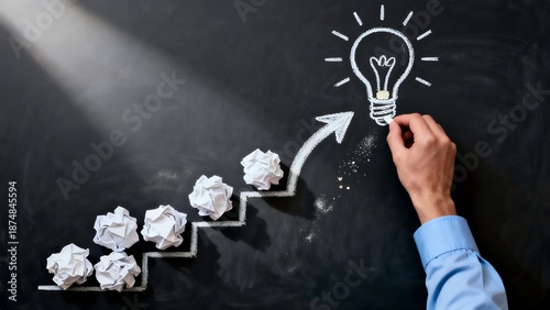 Hand Drawing Rising Arrow of Crumpled Paper Steps Leading to a Lightbulb Idea
