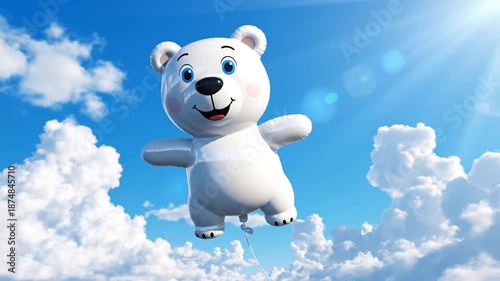 Cartoon polar bear balloon floating in blue sky with white clouds