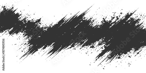 A dark vector grunge background featuring a black ink splat with paint splatter textures, dirty brush drips, and liquid spray stains for a creative art design element