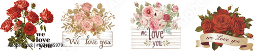 Elegant floral arrangement with We Love You: Exquisite floral arrangement with vibrant roses expressing sentiments of love. each bloom and petal whispering a message of affection.