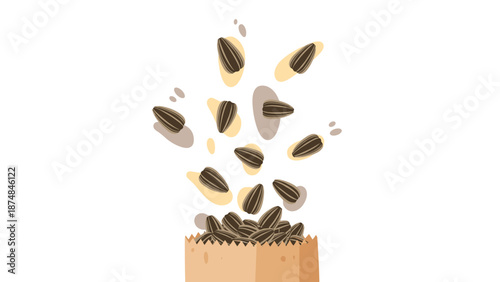 Toasted sunflower seeds falling from the air into a rustic brown paper bag against a clean white background with abstract shapes.