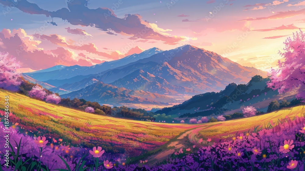 Naklejka premium Mountain Flower Sea Twilight Dreamy Scene