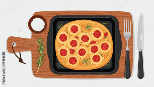 Rustic flatbread pizza topped with fresh cherry tomatoes and rosemary sprigs served on a wooden cutting board with a knife and fork.