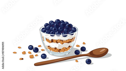 Healthy breakfast bowl featuring layers of creamy yogurt, crunchy granola, and fresh blueberries with a rustic wooden spoon.