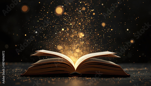 Open book with pages flying out of it the light