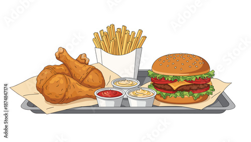 Classic fast food meal on a tray featuring a large sesame bun burger, a carton of french fries, crispy fried chicken, and assorted dipping sauces.