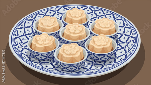 Traditional presentation of seven flower-shaped cakes in small bowls arranged on a large ornate blue and white porcelain platter.