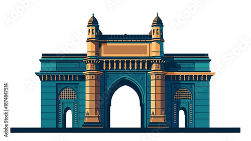 The Gateway of India, an iconic landmark building in Mumbai, India, with a teal and gold color scheme, against a clean white background.