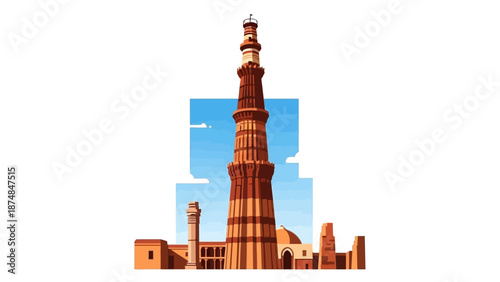 A daytime view of the iconic Qutub Minar landmark building in India with a clear blue sky background.