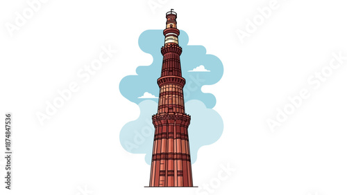 Illustration of the iconic Qutub Minar landmark in India, a historic red sandstone tower with intricate carvings and ornate details against a blue cloudy sky.