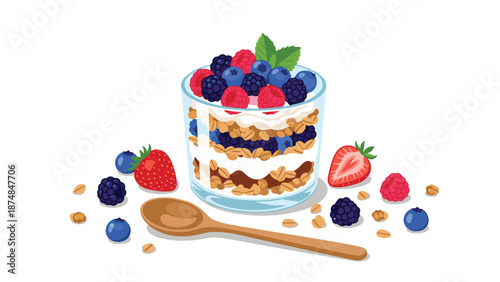 Healthy berry yogurt parfait in a glass with layers of granola and fresh fruit surrounded by strawberries and blueberries.