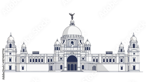Illustration of the iconic Victoria Memorial building in India, a large white landmark with a central dome and smaller towers, set against a plain white background.
