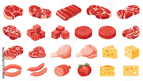 Assortment of raw meat cuts including steaks, ribs, sausages, and cheese blocks displayed as a collection of food icons.