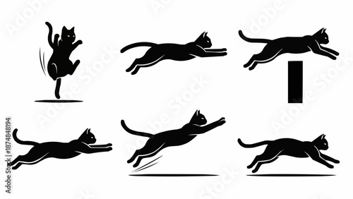 Black Cat Silhouettes in Various Poses and Actions.