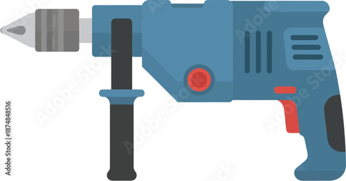 Blue electric hammer drill with an auxiliary handle shown in a flat vector illustration style.