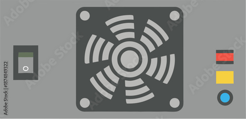 Flat vector illustration of a gray computer power supply units back panel with a cooling fan power switch and indicator lights.