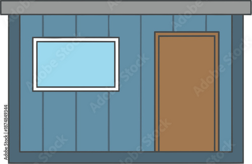 Flat vector illustration of a simple blue shed facade with vertical siding a window and a brown door.