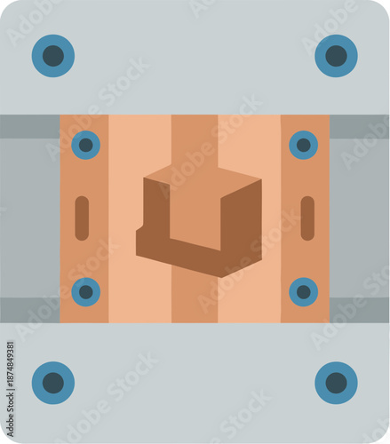 Flat vector icon of an industrial press mold with a gray steel frame and a brown U-shaped cavity.