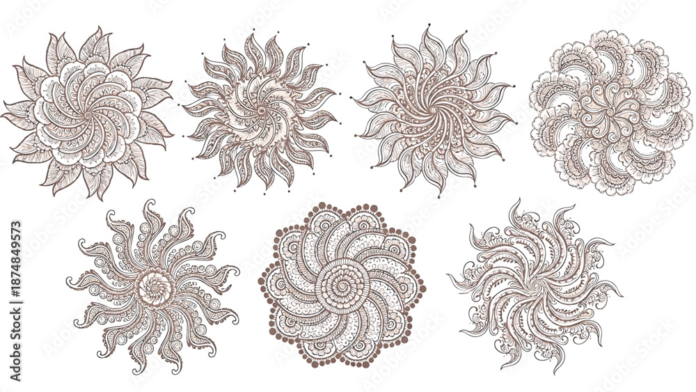 Fototapeta premium Henna tattoos ink sketch vector set. Floral leaves stems ornamental pattern skin maroon red temporary tattoo illustrations. Mehndi vector png