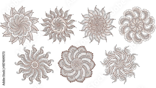 Henna tattoos ink sketch vector set. Floral leaves stems ornamental pattern skin maroon red temporary tattoo illustrations. Mehndi vector png