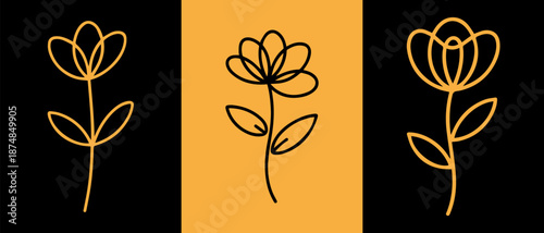 Minimalist continuous line art flowers in black and yellow aesthetic design