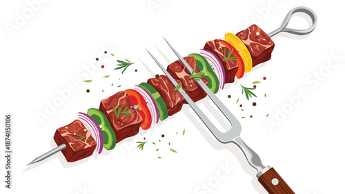 Juicy meat and vegetable skewer being held by a large carving fork with herbs and spices for a barbecue and grilling theme.