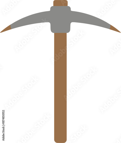Flat vector illustration of a mining pickaxe with a brown wooden handle and a grey metal head with pointed tips.
