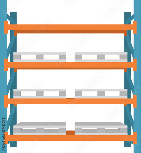 Blue and orange industrial warehouse pallet rack with empty grey pallets on three tiers.