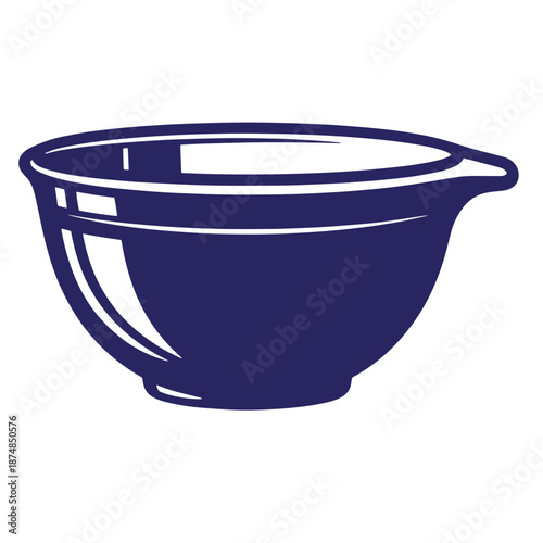 Dark blue ceramic bowl with handle on one side for mixing and serving food