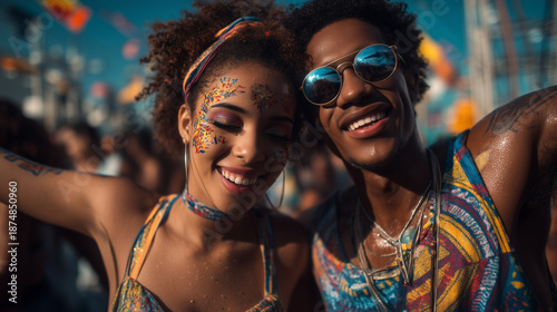 Vibrant Carnaval de Salvador Trio Elétrico celebration in Bahia Brazil with joyful people wearing colorful outfits and face paint