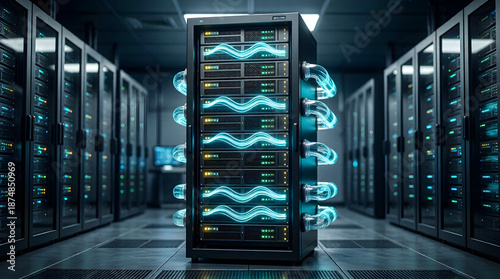 Server rack with liquid cooling in a futuristic data center - AI hardware and high-performance computing.